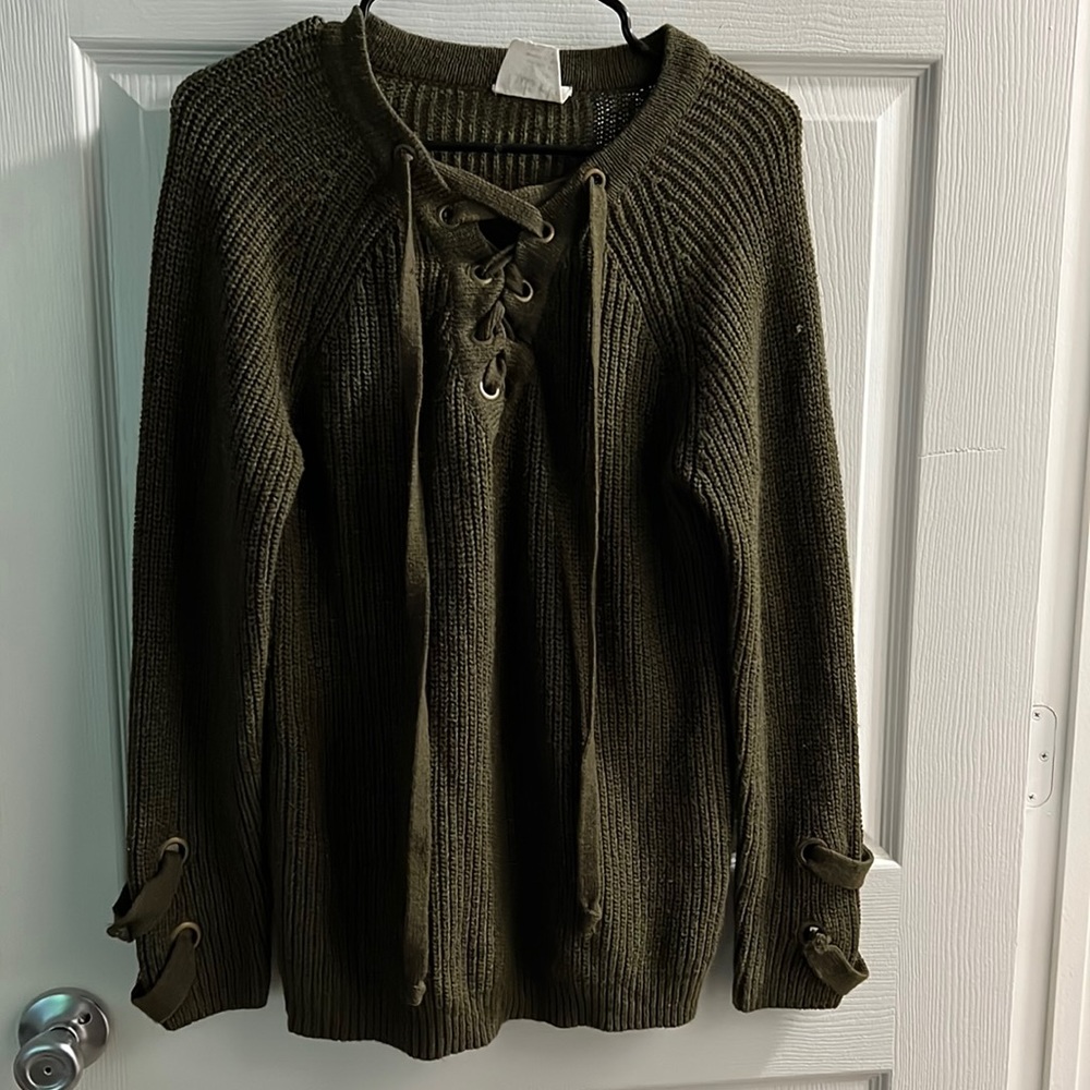 Knitted Pullover - Green cross front and side sleeves.